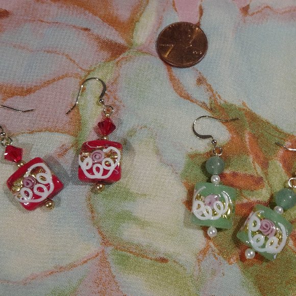Handcrafted Murano earrings made from vela squares with external lampwork icing - Picture 1 of 9